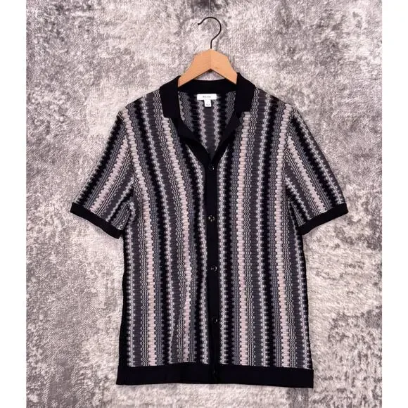 REISS Knit Shirt Small Mens Gibbon Chevron Cuban Camp Collar Resort Button Down - Picture 1 of 9